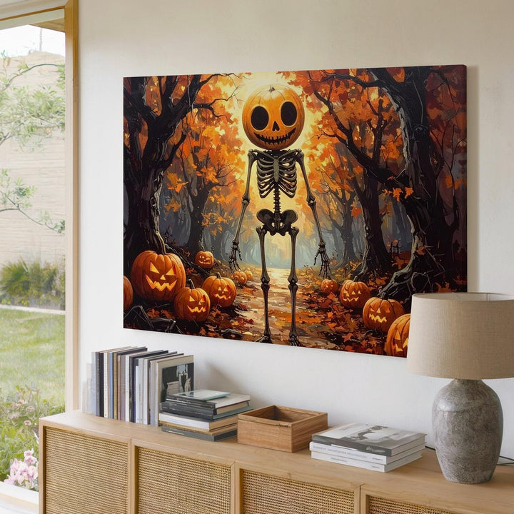 Pumpkin-Head Skeleton in Enchanted Forest Canvas – Whimsical Halloween Fantasy Art - Gifitto