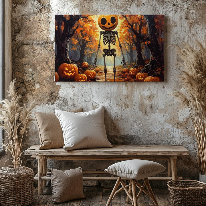 Pumpkin-Head Skeleton in Enchanted Forest Canvas – Whimsical Halloween Fantasy Art - Gifitto