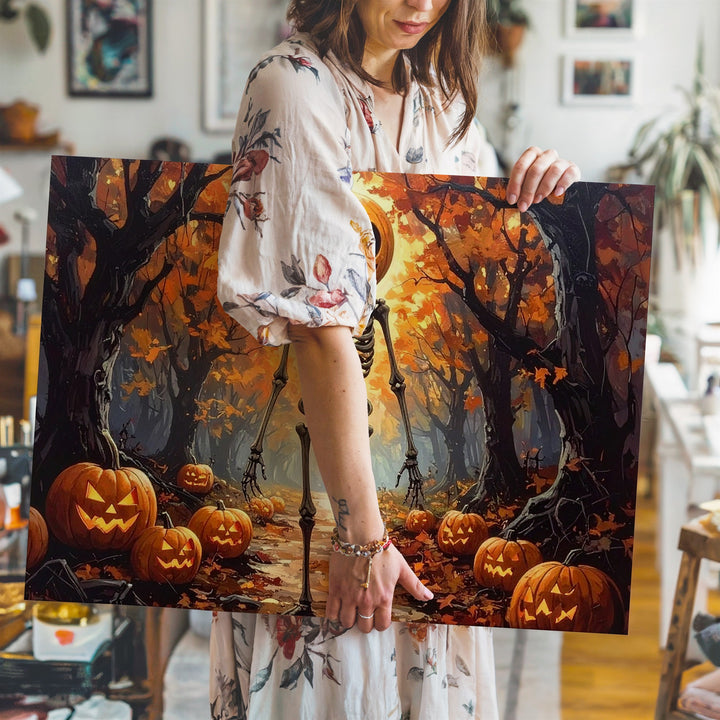 Pumpkin-Head Skeleton in Enchanted Forest Canvas – Whimsical Halloween Fantasy Art - Gifitto
