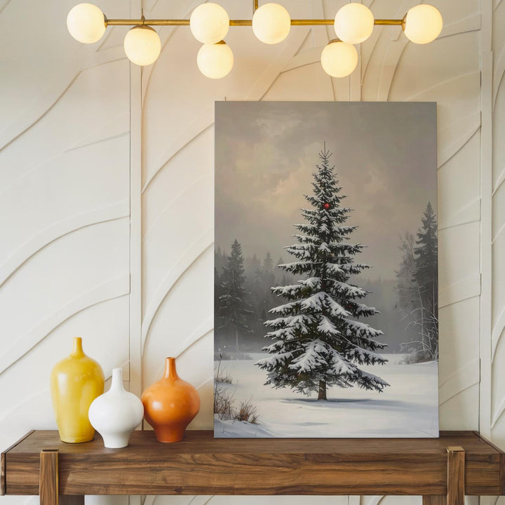 Snow-Covered Tree in Misty Forest Canvas – Peaceful Winter Holiday Wall Art - Gifitto