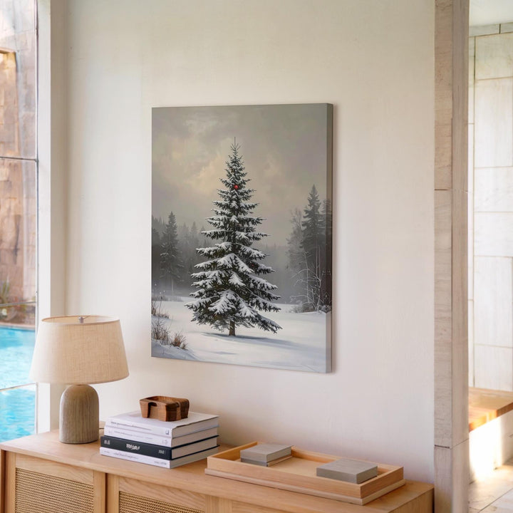 Snow-Covered Tree in Misty Forest Canvas – Peaceful Winter Holiday Wall Art - Gifitto