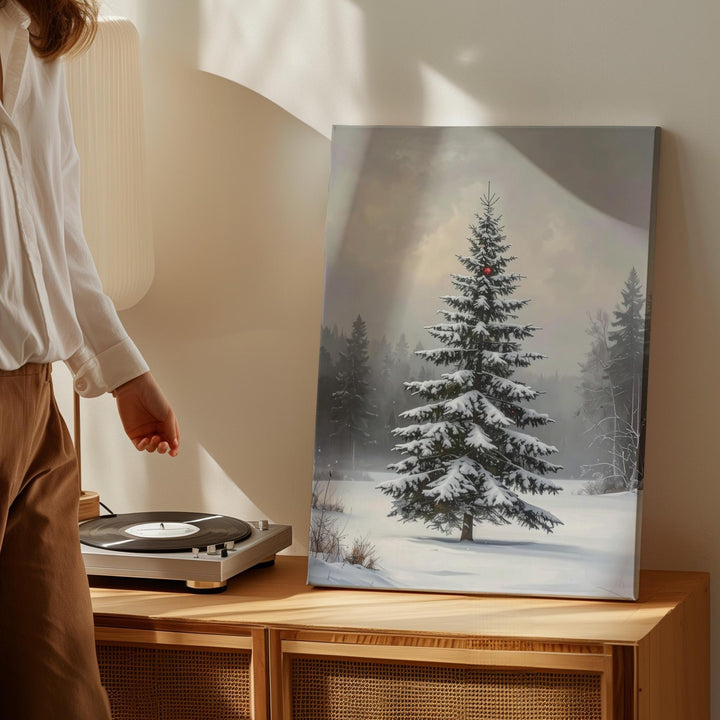 Snow-Covered Tree in Misty Forest Canvas – Peaceful Winter Holiday Wall Art - Gifitto