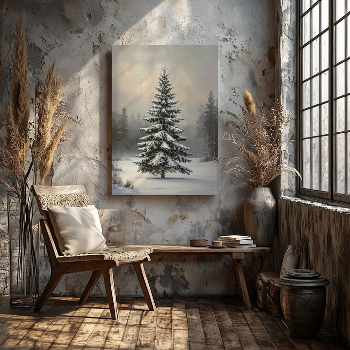 Snow-Covered Tree in Misty Forest Canvas – Peaceful Winter Holiday Wall Art - Gifitto