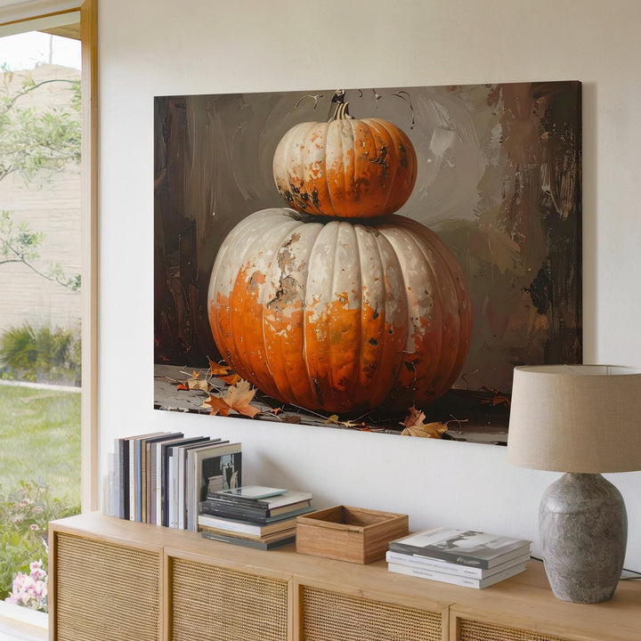 Harvest Totem Pumpkin Canvas – Rustic Autumn Stack with Halloween Charm - Gifitto