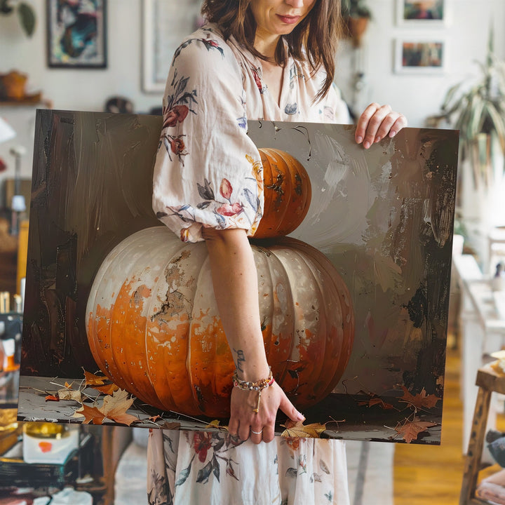 Harvest Totem Pumpkin Canvas – Rustic Autumn Stack with Halloween Charm - Gifitto