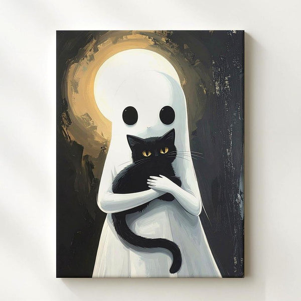 Ghost Holding Black Cat Canvas – Tender Halloween Companionship Art - Gifitto