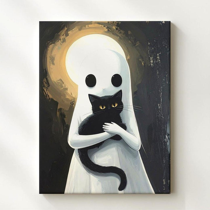 Ghost Holding Black Cat Canvas – Tender Halloween Companionship Art - Gifitto