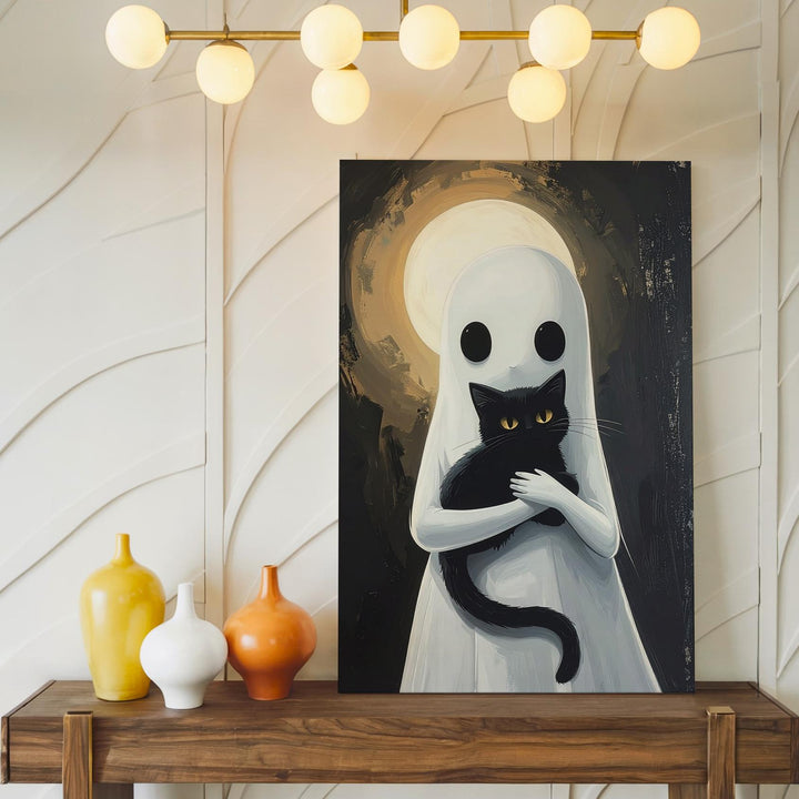 Ghost Holding Black Cat Canvas – Tender Halloween Companionship Art - Gifitto