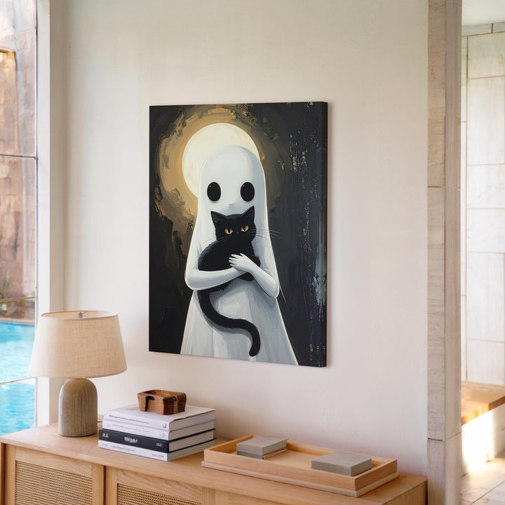 Ghost Holding Black Cat Canvas – Tender Halloween Companionship Art - Gifitto