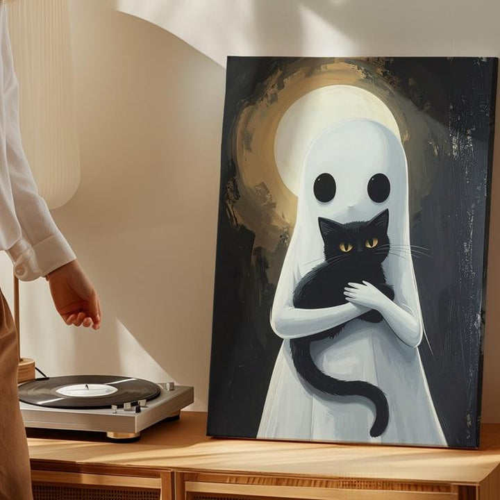 Ghost Holding Black Cat Canvas – Tender Halloween Companionship Art - Gifitto