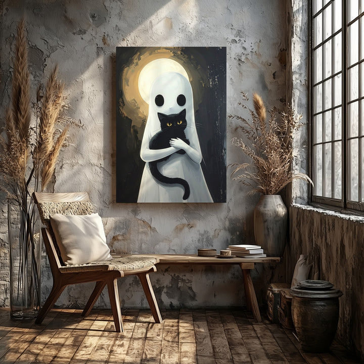Ghost Holding Black Cat Canvas – Tender Halloween Companionship Art - Gifitto