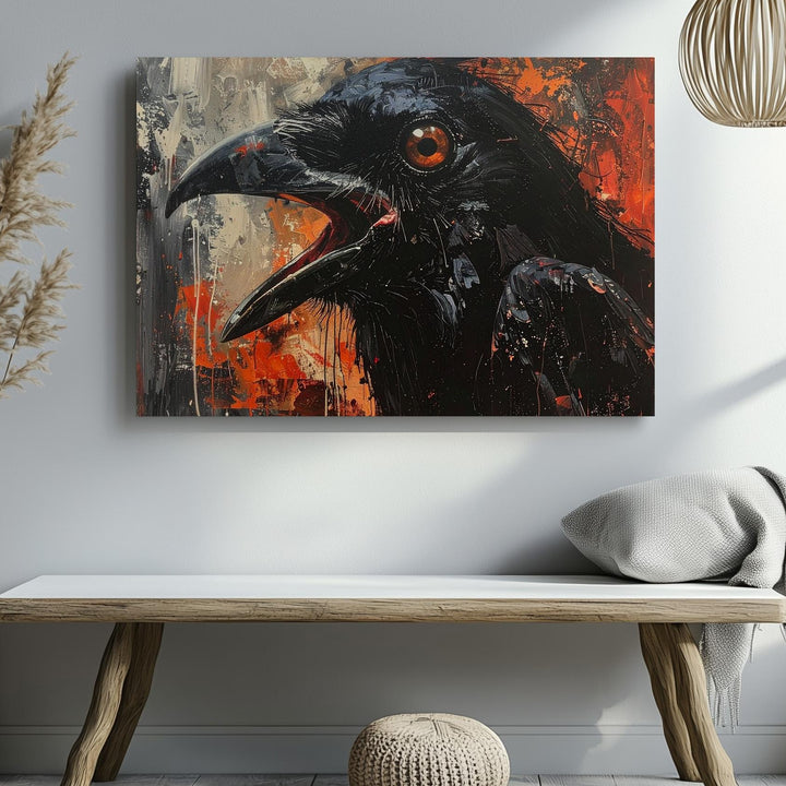 Screaming Raven Canvas – Abstract Horror Portrait in Fiery Apocalypse Tones - Gifitto