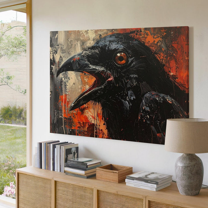 Screaming Raven Canvas – Abstract Horror Portrait in Fiery Apocalypse Tones - Gifitto
