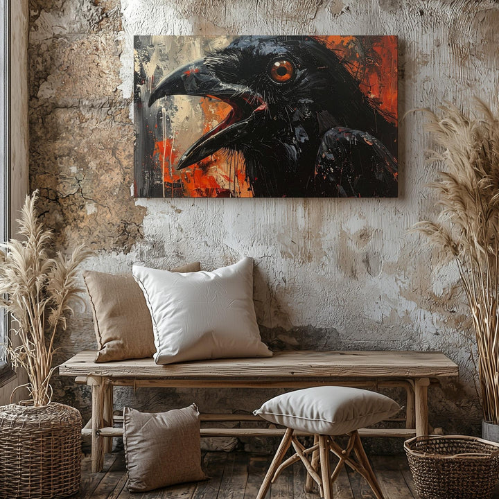 Screaming Raven Canvas – Abstract Horror Portrait in Fiery Apocalypse Tones - Gifitto