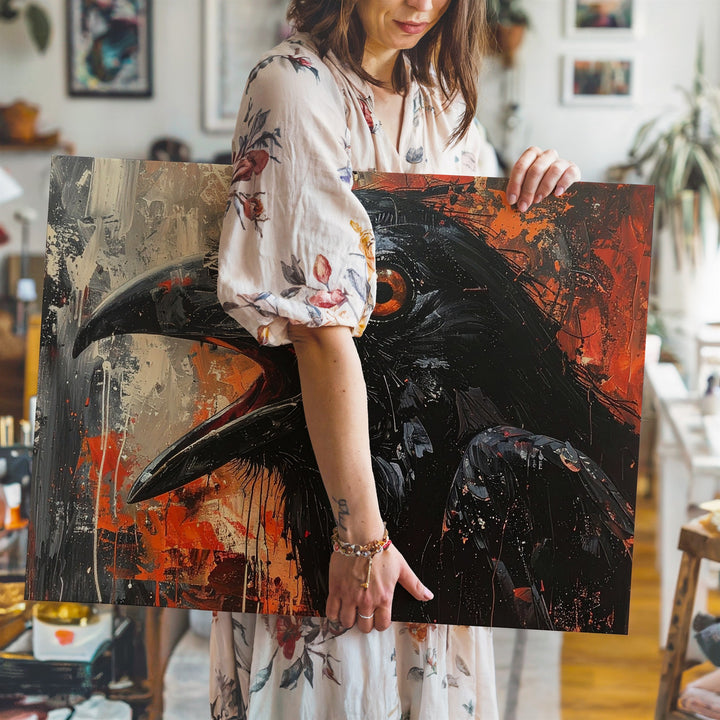 Screaming Raven Canvas – Abstract Horror Portrait in Fiery Apocalypse Tones - Gifitto