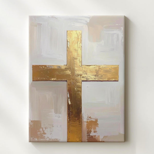 Textured Golden Cross Canvas – Minimalist Christian Wall Art of Sacred Strength and Elegance - Gifitto