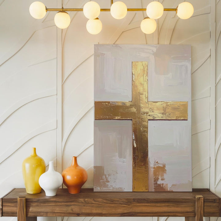Textured Golden Cross Canvas – Minimalist Christian Wall Art of Sacred Strength and Elegance - Gifitto