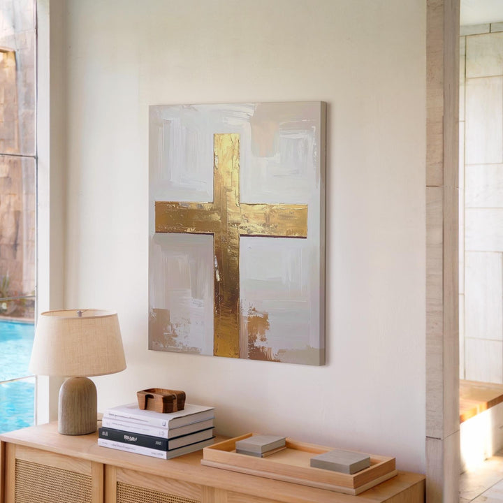 Textured Golden Cross Canvas – Minimalist Christian Wall Art of Sacred Strength and Elegance - Gifitto