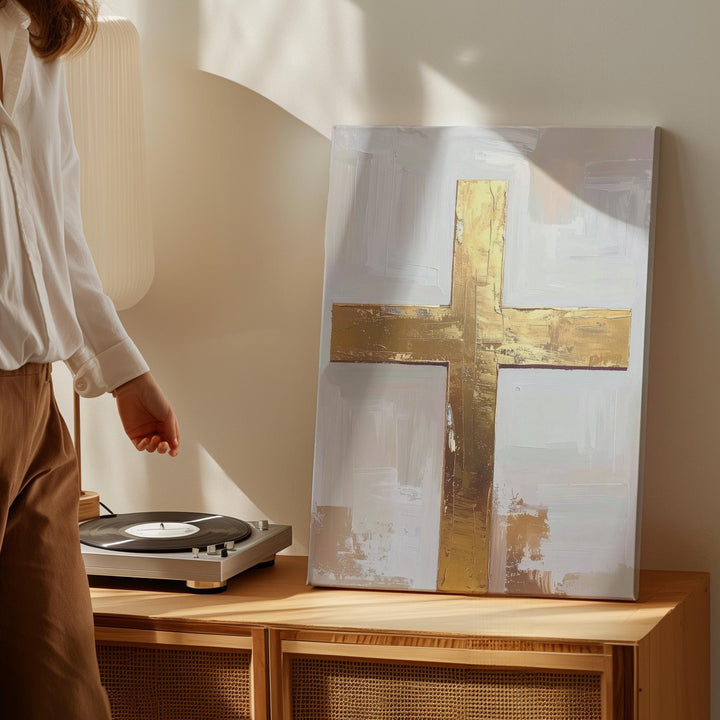 Textured Golden Cross Canvas – Minimalist Christian Wall Art of Sacred Strength and Elegance - Gifitto