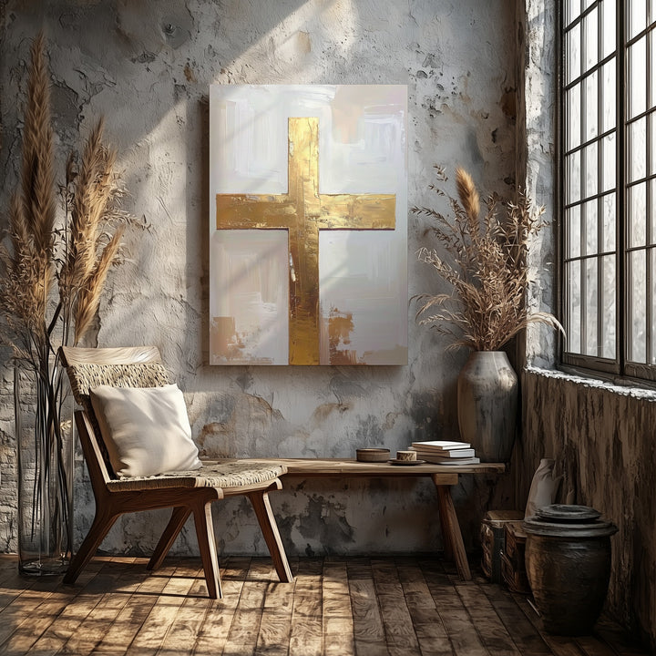 Textured Golden Cross Canvas – Minimalist Christian Wall Art of Sacred Strength and Elegance - Gifitto