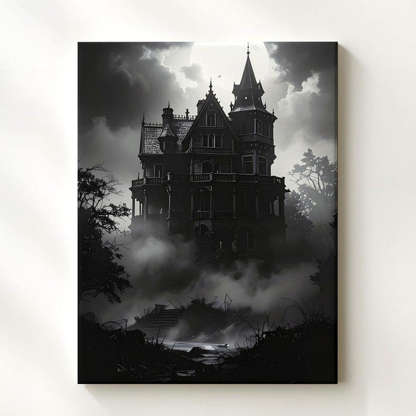 Gothic Mansion in Fog Canvas – Haunted Victorian Halloween Wall Art - Gifitto