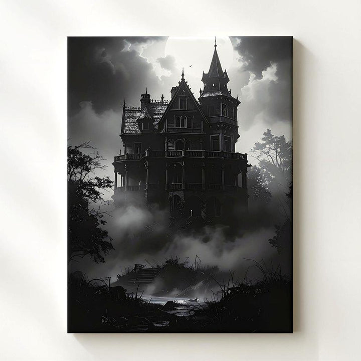 Gothic Mansion in Fog Canvas – Haunted Victorian Halloween Wall Art - Gifitto