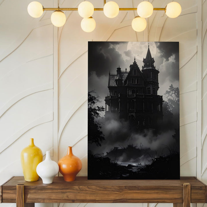 Gothic Mansion in Fog Canvas – Haunted Victorian Halloween Wall Art - Gifitto