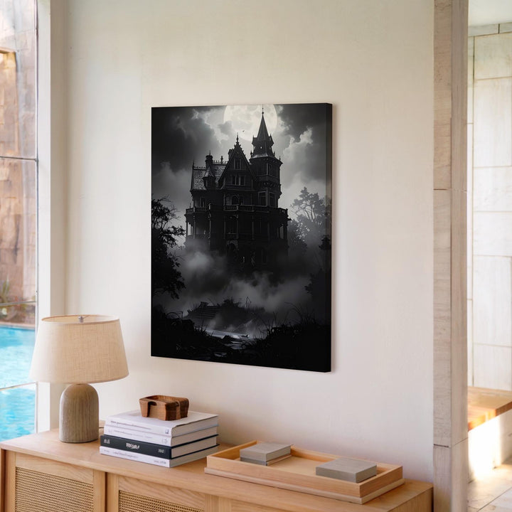 Gothic Mansion in Fog Canvas – Haunted Victorian Halloween Wall Art - Gifitto