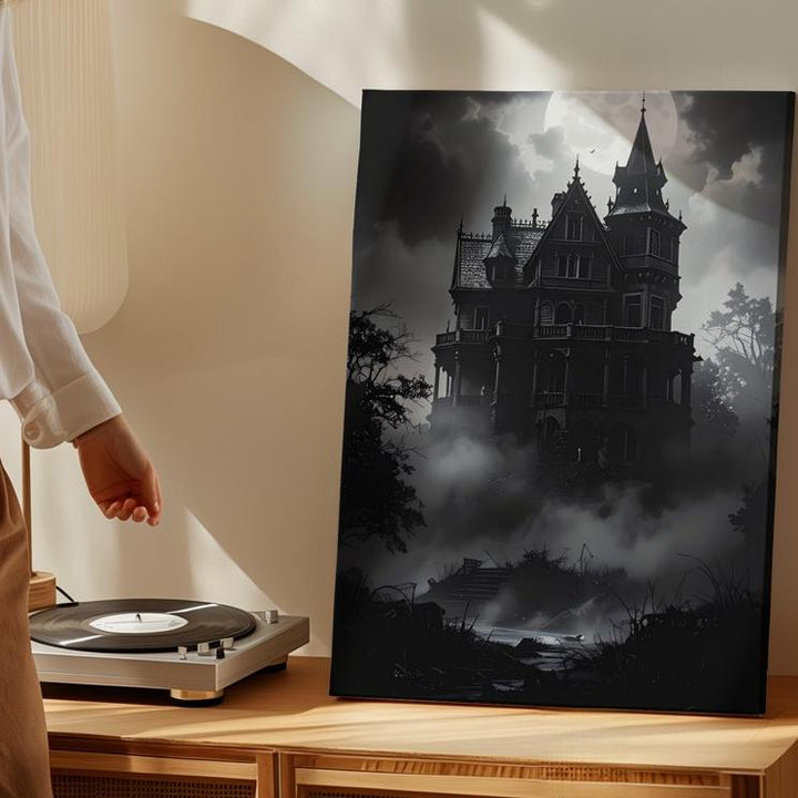 Gothic Mansion in Fog Canvas – Haunted Victorian Halloween Wall Art - Gifitto