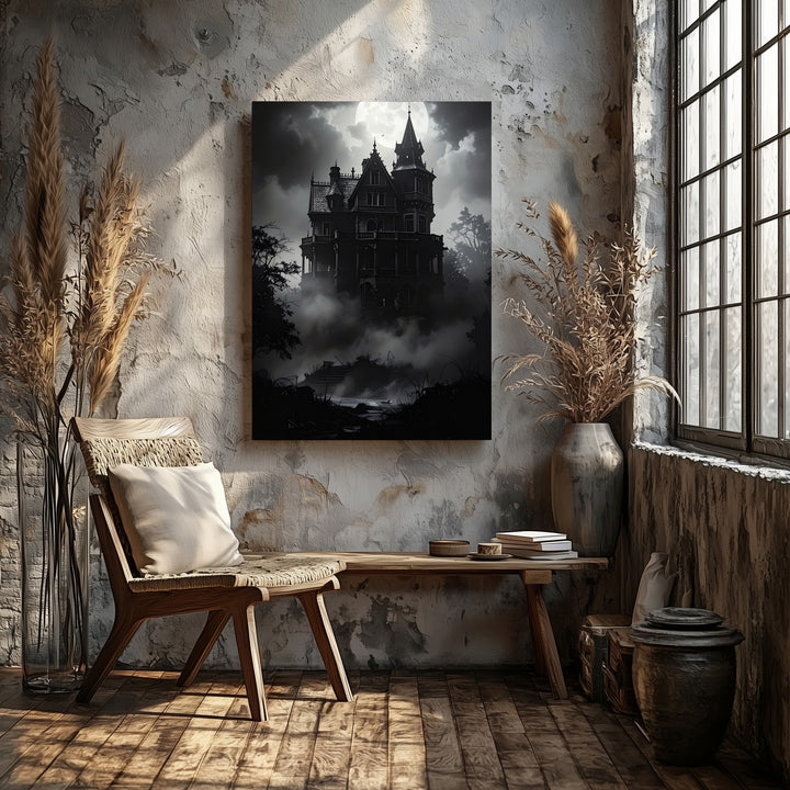 Gothic Mansion in Fog Canvas – Haunted Victorian Halloween Wall Art - Gifitto