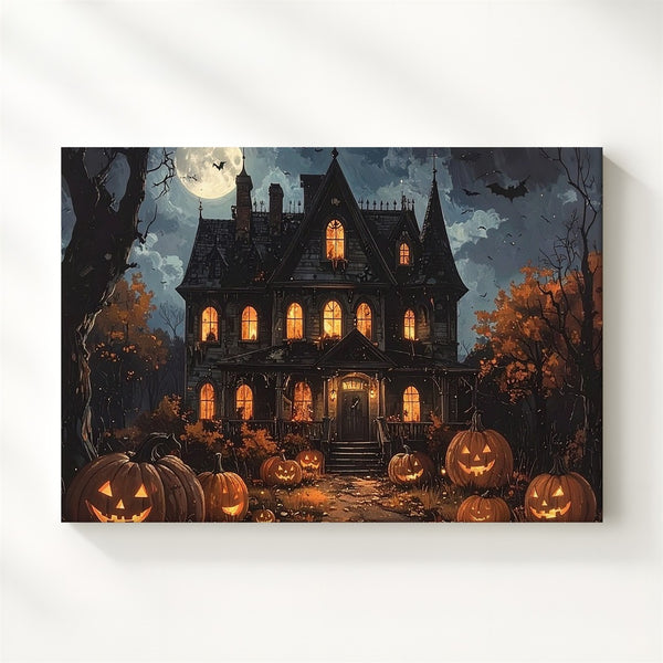 Haunted Mansion & Pumpkins Canvas – Gothic Halloween Fantasy Wall Art - Gifitto