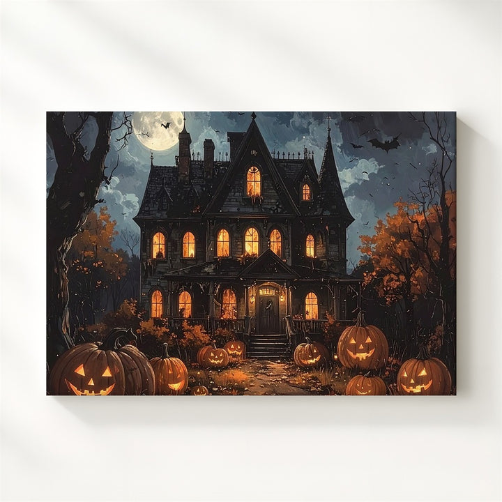 Haunted Mansion & Pumpkins Canvas – Gothic Halloween Fantasy Wall Art - Gifitto