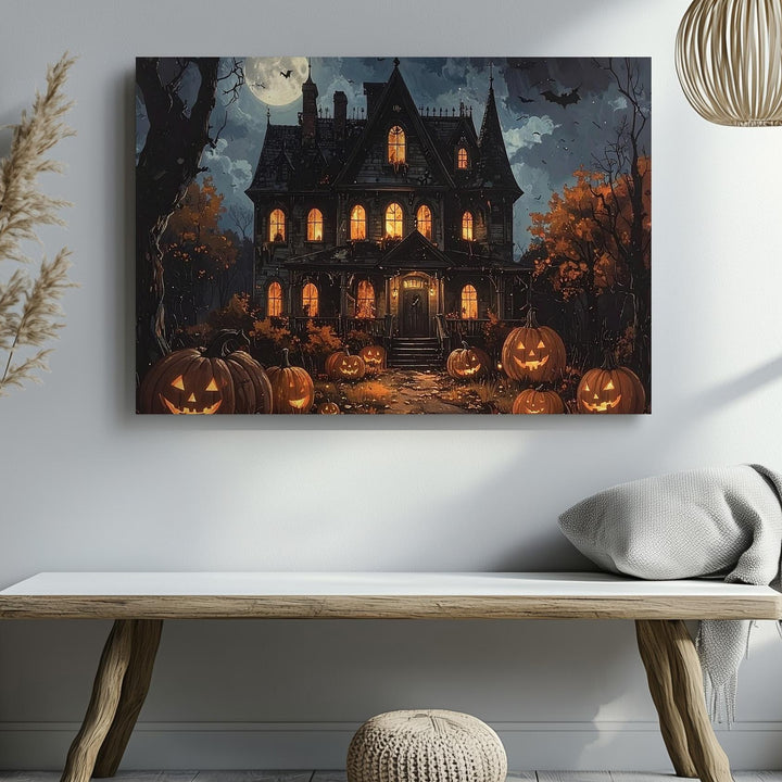 Haunted Mansion & Pumpkins Canvas – Gothic Halloween Fantasy Wall Art - Gifitto