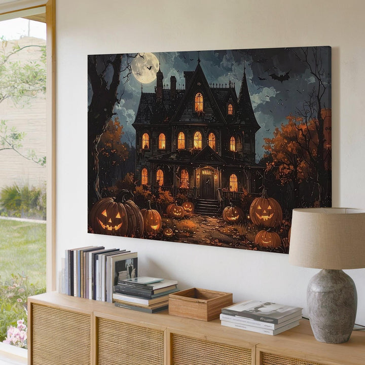 Haunted Mansion & Pumpkins Canvas – Gothic Halloween Fantasy Wall Art - Gifitto