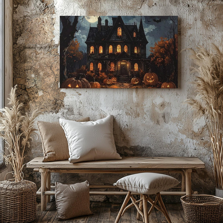 Haunted Mansion & Pumpkins Canvas – Gothic Halloween Fantasy Wall Art - Gifitto