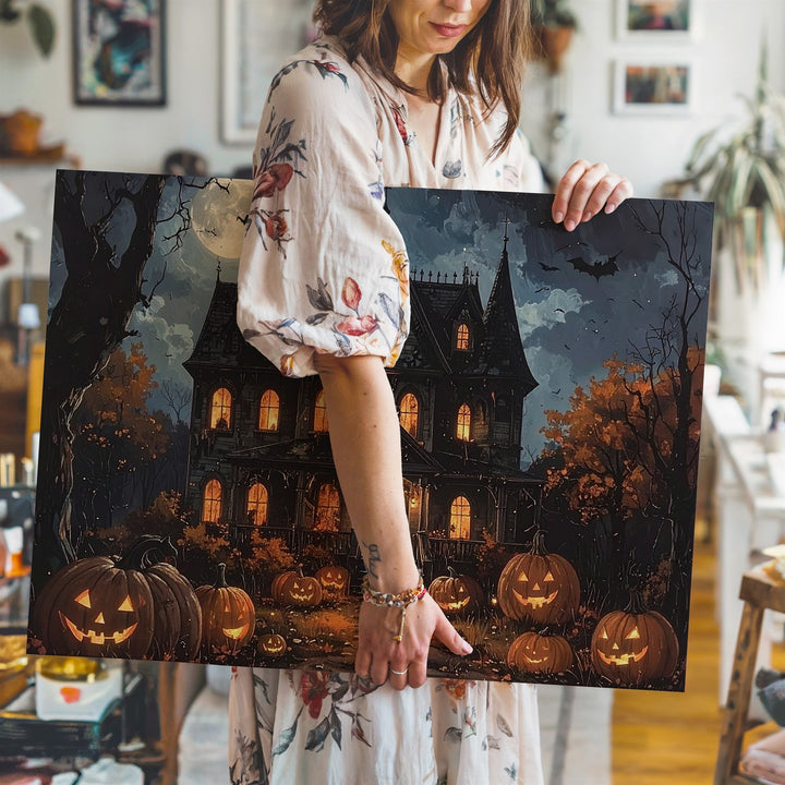 Haunted Mansion & Pumpkins Canvas – Gothic Halloween Fantasy Wall Art - Gifitto