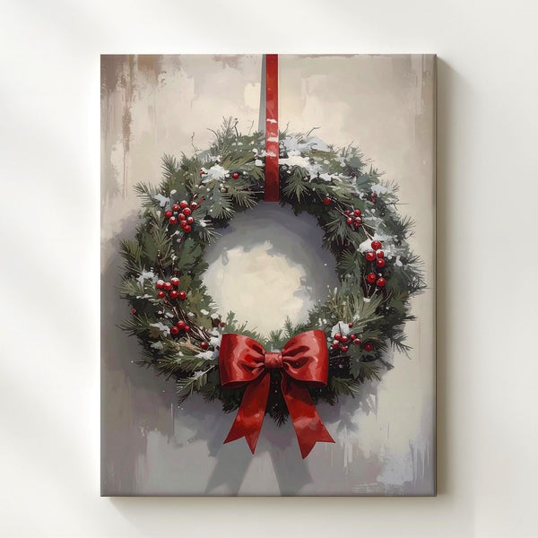 Traditional Holiday Wreath Canvas – Classic Pine & Red Bow Christmas Wall Art - Gifitto