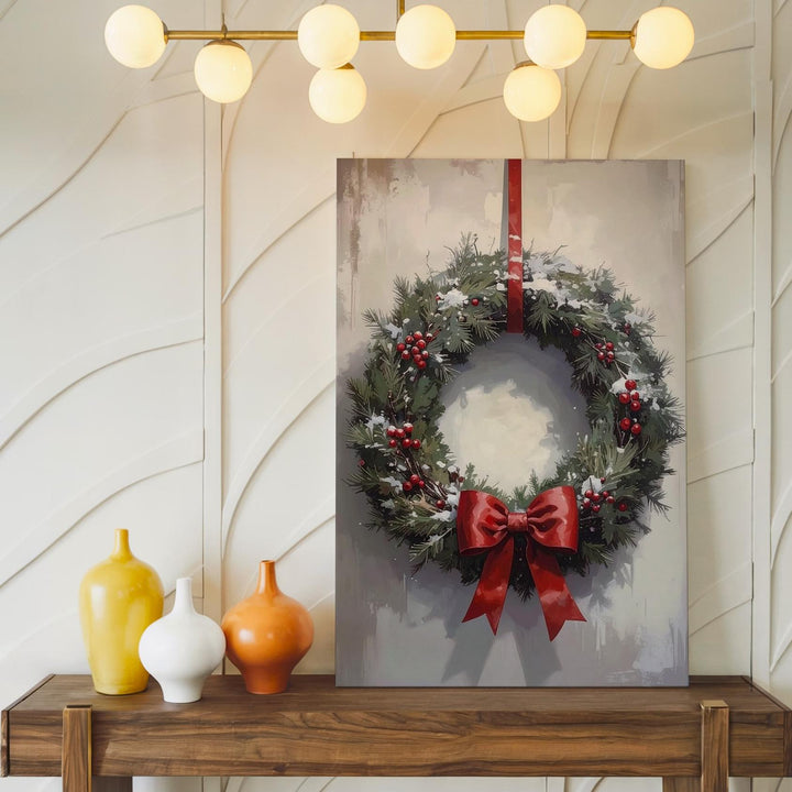 Traditional Holiday Wreath Canvas – Classic Pine & Red Bow Christmas Wall Art - Gifitto