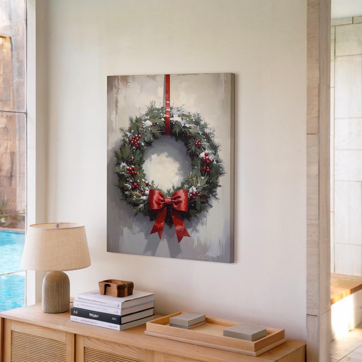 Traditional Holiday Wreath Canvas – Classic Pine & Red Bow Christmas Wall Art - Gifitto