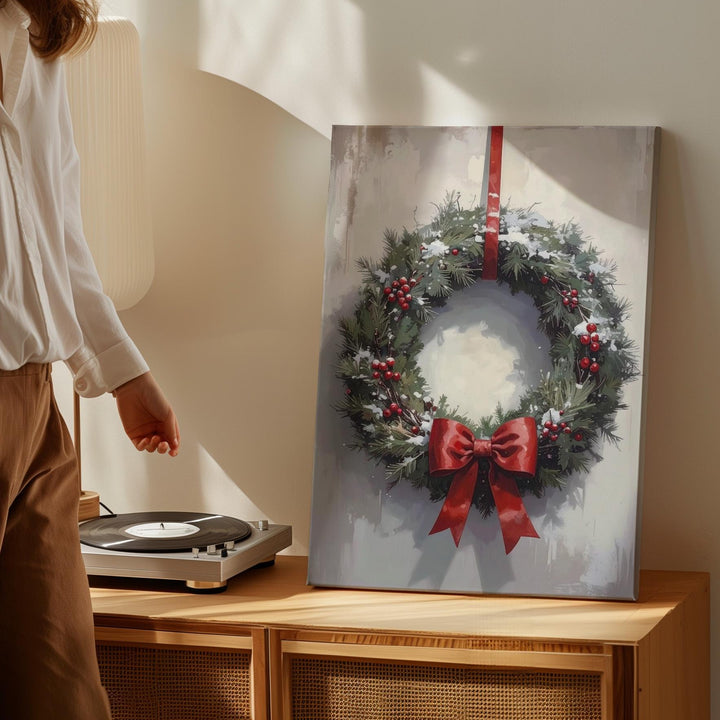 Traditional Holiday Wreath Canvas – Classic Pine & Red Bow Christmas Wall Art - Gifitto