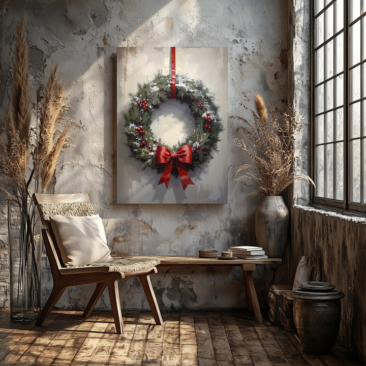 Traditional Holiday Wreath Canvas – Classic Pine & Red Bow Christmas Wall Art - Gifitto