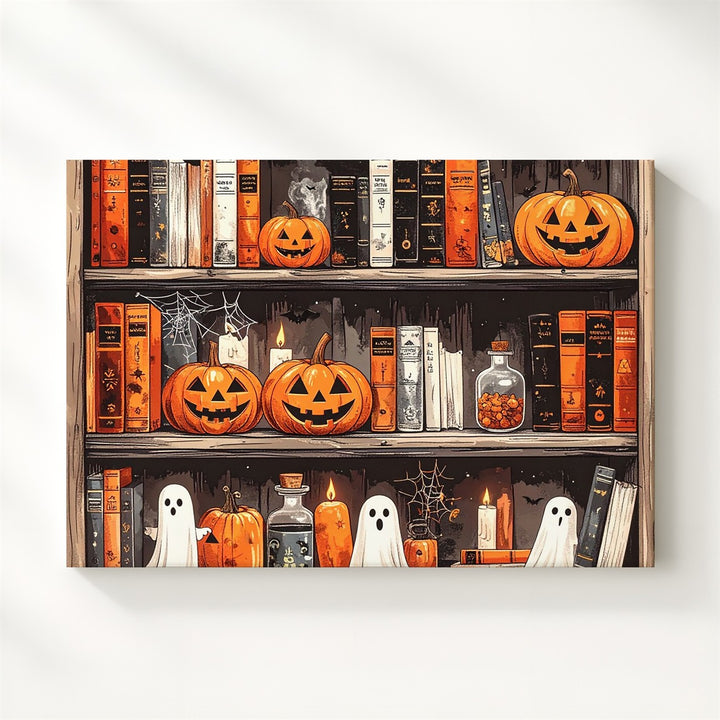 Haunted Bookshelf Canvas – Whimsical Halloween Library Wall Art - Gifitto