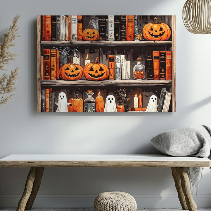 Haunted Bookshelf Canvas – Whimsical Halloween Library Wall Art - Gifitto