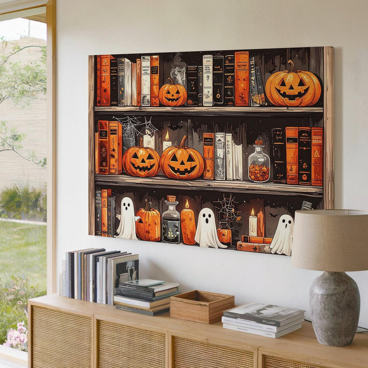 Haunted Bookshelf Canvas – Whimsical Halloween Library Wall Art - Gifitto
