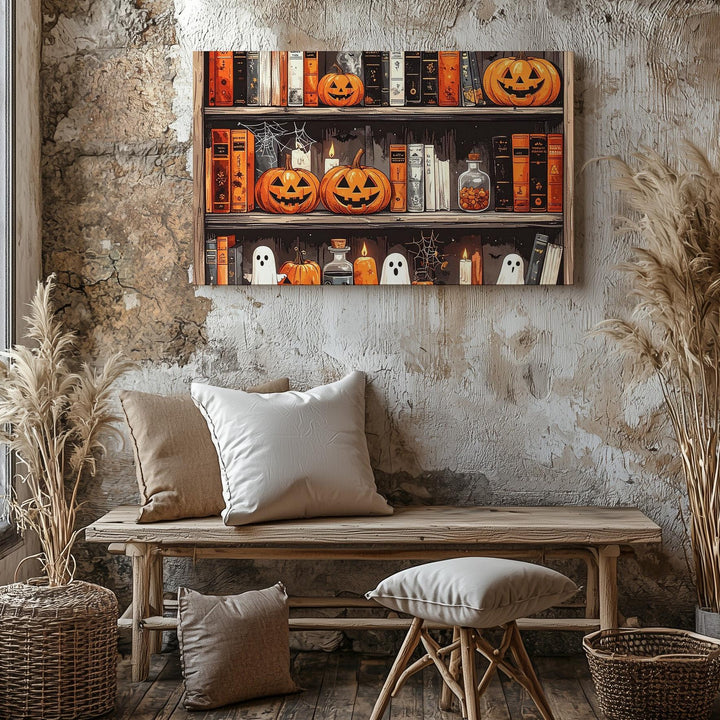 Haunted Bookshelf Canvas – Whimsical Halloween Library Wall Art - Gifitto