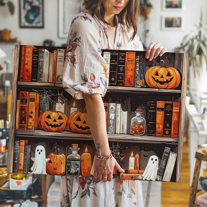 Haunted Bookshelf Canvas – Whimsical Halloween Library Wall Art - Gifitto