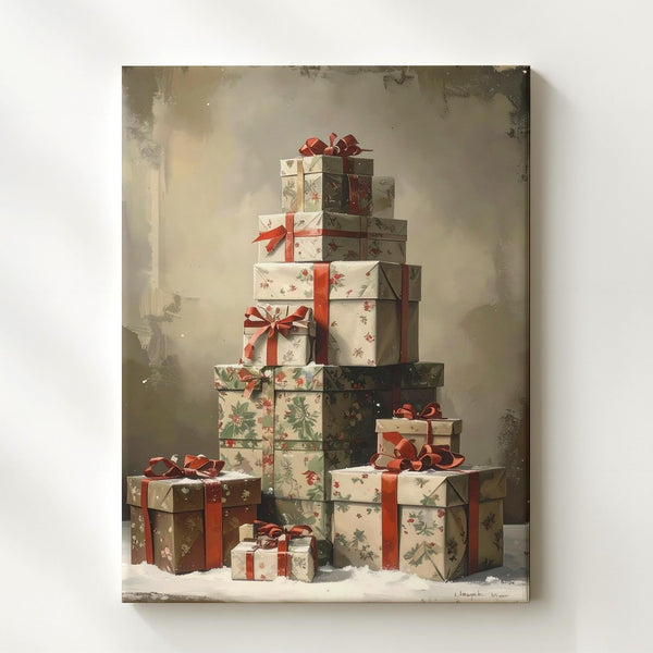 Stacked Christmas Gifts Canvas – Vintage Holiday Warmth & Giving Wall Art - Gifitto