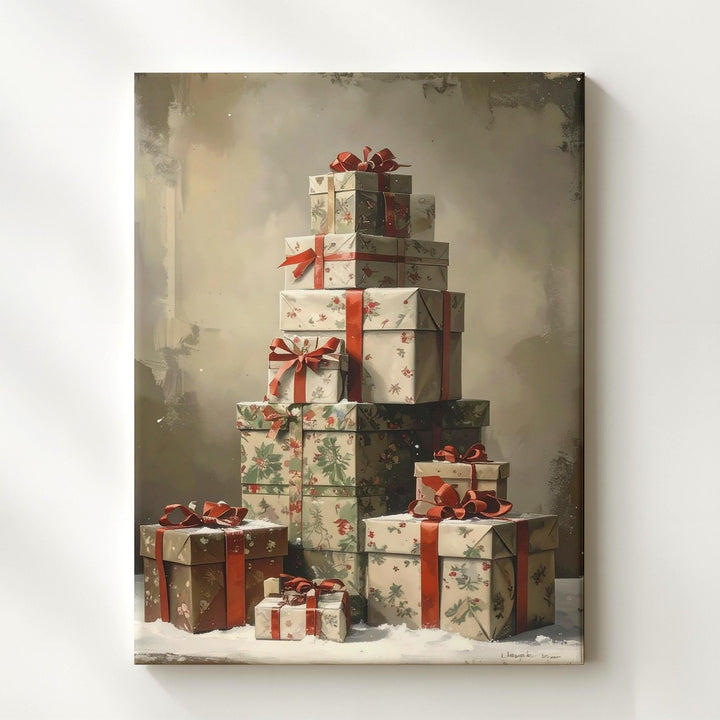 Stacked Christmas Gifts Canvas – Vintage Holiday Warmth & Giving Wall Art - Gifitto