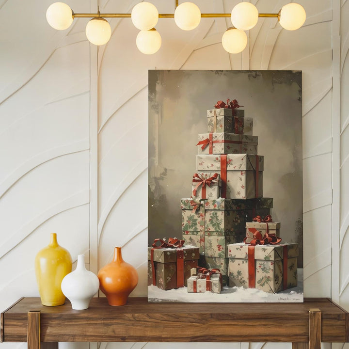 Stacked Christmas Gifts Canvas – Vintage Holiday Warmth & Giving Wall Art - Gifitto