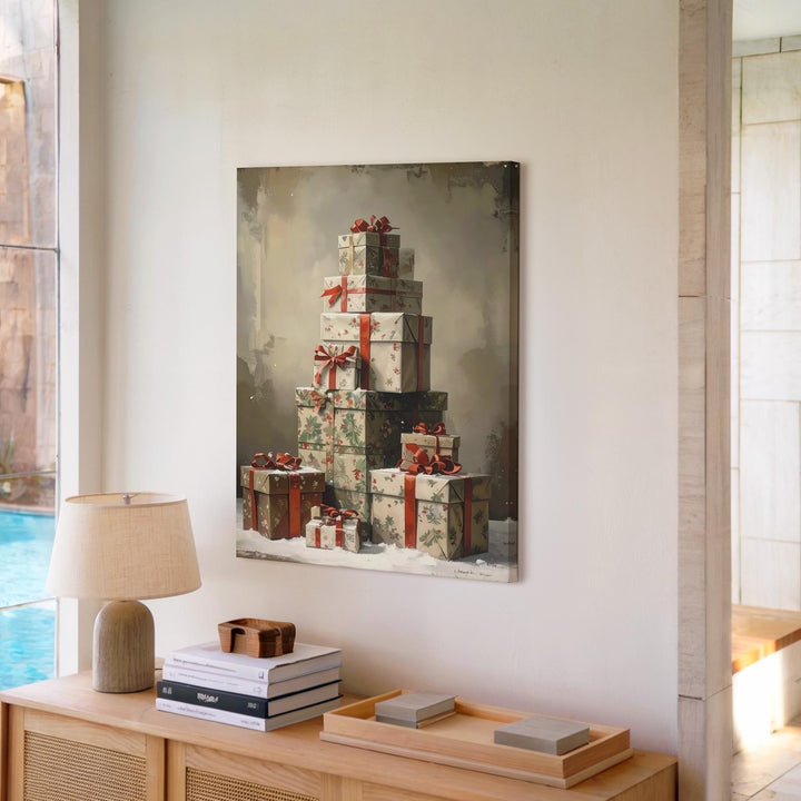 Stacked Christmas Gifts Canvas – Vintage Holiday Warmth & Giving Wall Art - Gifitto